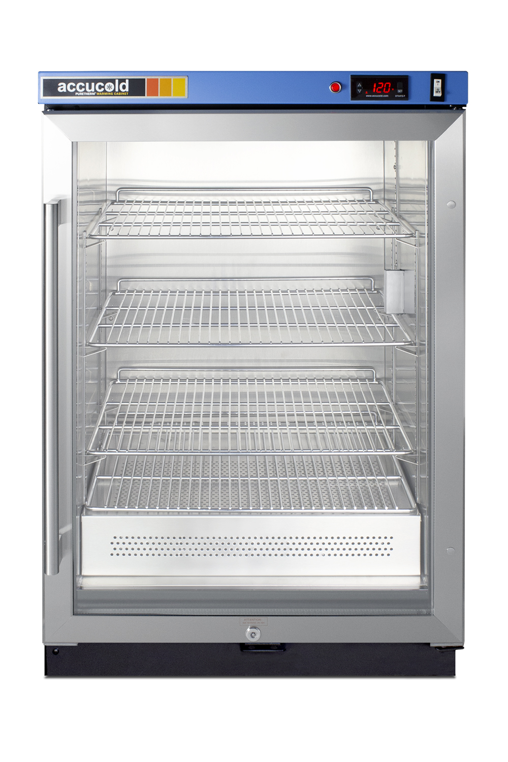 Single chamber passive heating blanket warmer with glass door, stainless steel interior and exterior, digital thermostat, and lock